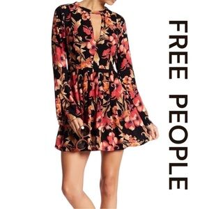 FREE PEOPLE Tegan Floral Print Mini Dress, Split Bell Sleeves.